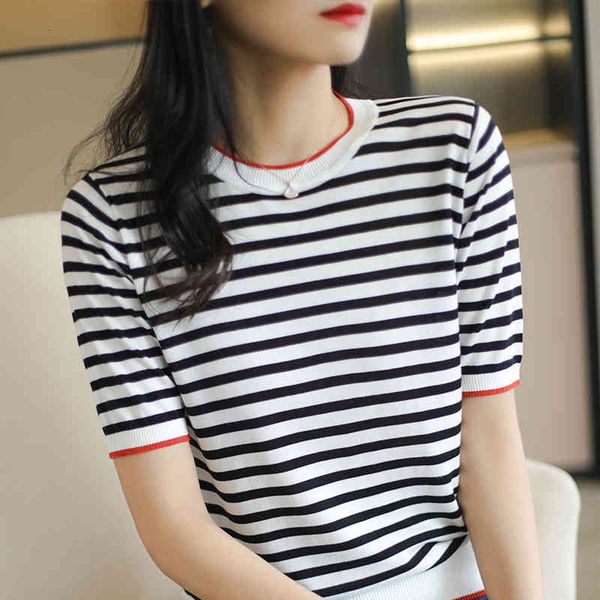 

women's sweaters short sleeved female summer round neck pullover stripe contrast t-shirt sweater british college style thin 5h2y, White;black