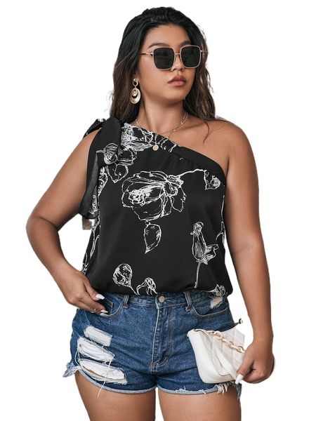 

plus floral print bow one shoulder blouse m5wi#, Black