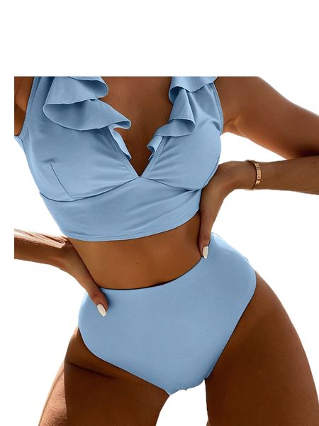 

plain lace up ruffle trim bikini swimsuit e4bi#, White;black