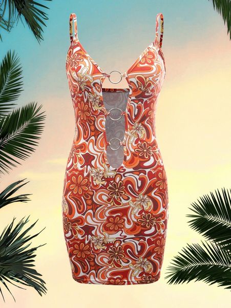 

mod allover floral print ring cut out cami dress k3fp#, Black;gray