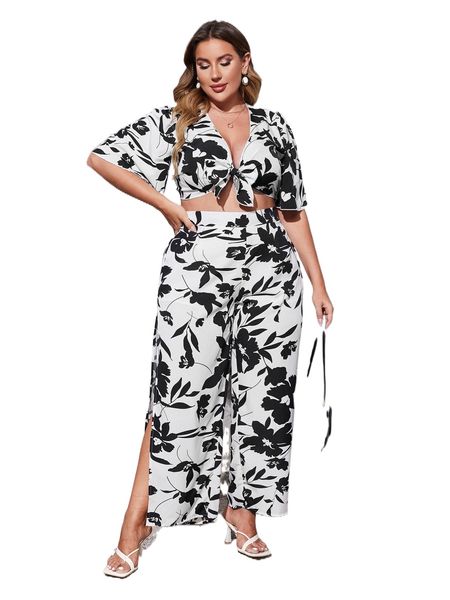 

plus floral print knot front crop & split thigh pants y17p#, Black