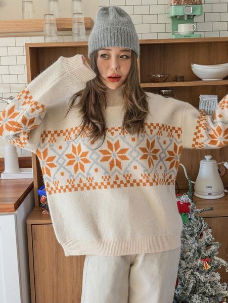 

dazy christmas geo pattern drop shoulder high neck sweater 62yr#, White;black