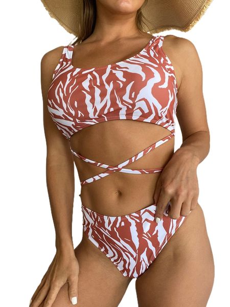 

allover print criss cross bikini swimsuit a9nj#, White;black