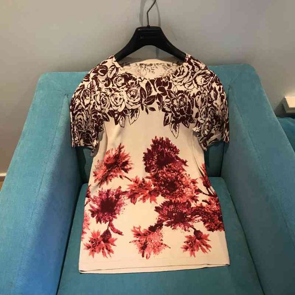 

women's t-shirt spring and summer max weekend series silk cotton printed t-shirt long short sleeve tee, White