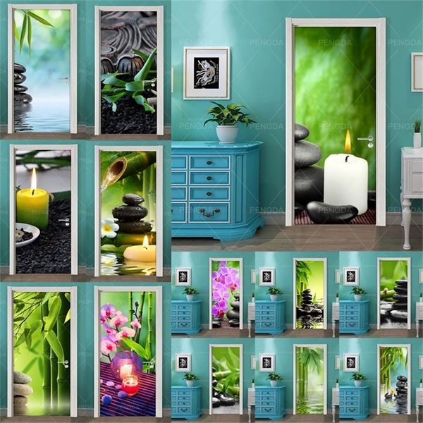 Selbstklebende Diy-Kunst-Aufkleber für Zuhause, Tür, Stein, Blume, Bambus, 3D-Dekor, Renovierung, PVC-Tapete, Druckbild für Wohnzimmer 210317