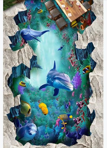 Benutzerdefinierte fotofußboden tapete 3d wandaufkleber moderne meerwelt delphin bad kunst 3d boden malerei wände papiere heim dekoration