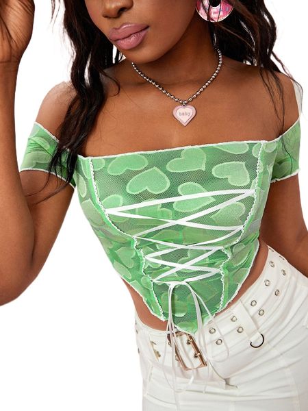 

off shoulder lace up front bandana hem heart print lace 66f4#, White