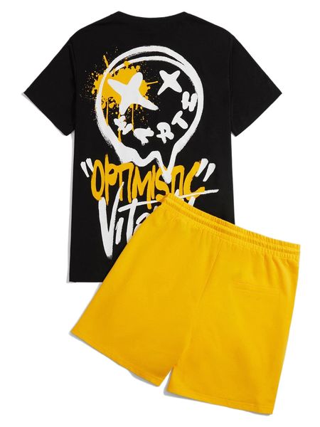 

men letter & graphic tee & drawstring waist shorts set 67gq#, Gray