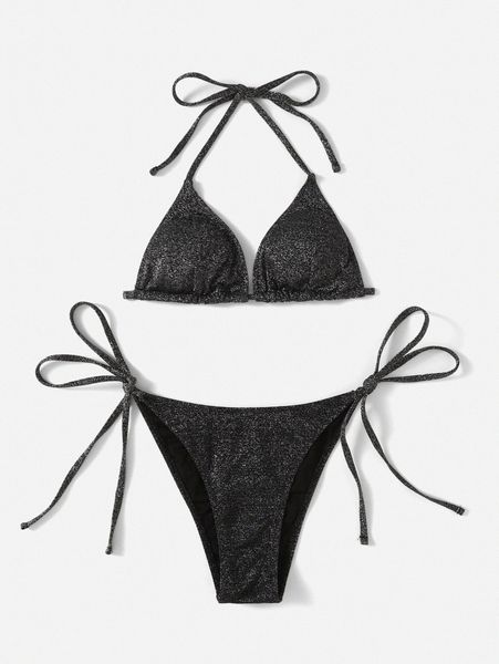 

glitter triangle tie side bikini swimsuit g7xj#, White;black