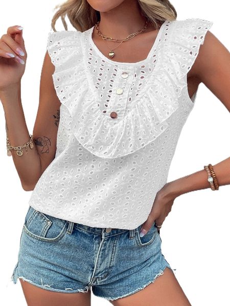 

eyelet embroidery fake button sleeveless blouse d4gc#, White