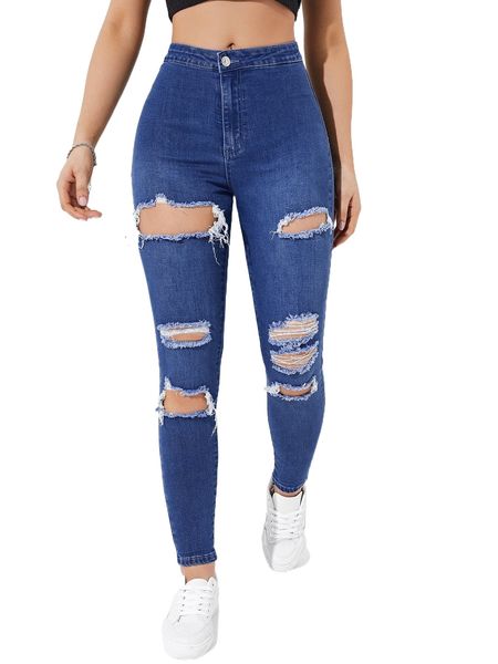 

cut out ripped frayed skinny jeans l9ba#, Blue