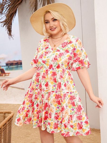 

plus allover floral print ruffle hem dress n6r0#, Black
