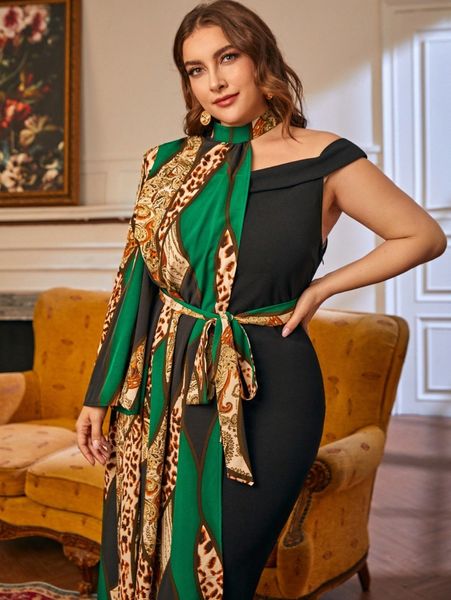 

plus asymmetrical choker neck leopard & baroque print dress o3rt#, Black