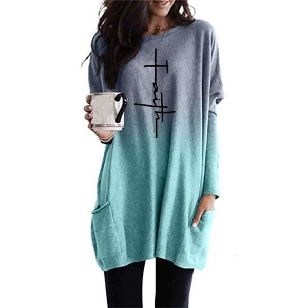 

fashion tshirt for women faith letters print gradient long sleeve pocket tshirt harajuku female tshirt cute funny y200412, White