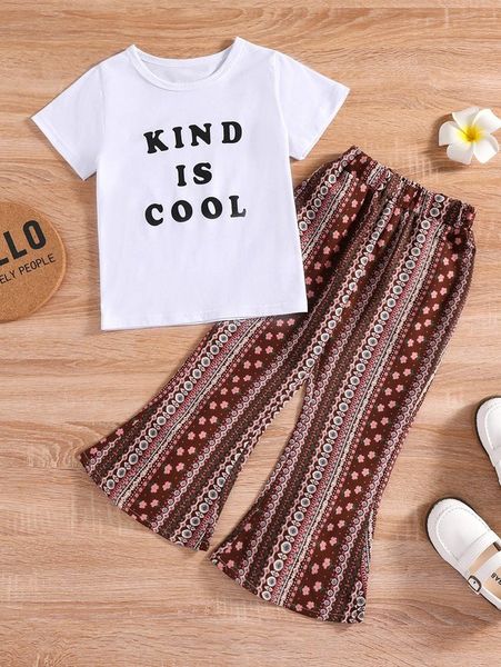 

toddler girls slogan graphic tee & ditsy floral flare leg pants she, White