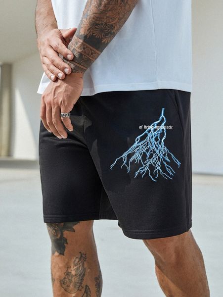 

extended sizes men lightning & letter graphic shorts a6pr#, White;black