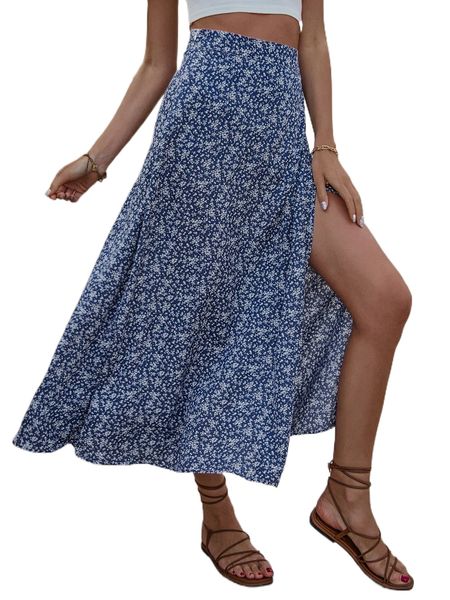 

ditsy floral print split thigh skirt a1gt#, Black