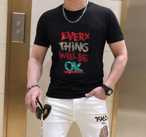 

2022 new men's t-shirts man diamond drill short sleeve t-shirt men's fashion summer rhinestone slim fit t shirts 070, White;black