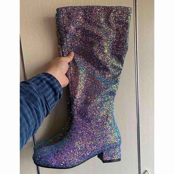 

boots olomm fashion women knee high glitter square low heels round toe silver club wear shoes, Black