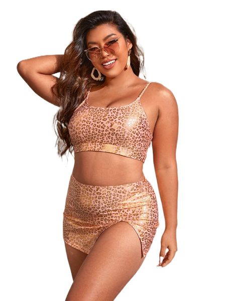 

plus 3pack leopard print split hem high waist bikini swimsuit n9mq#, White;black