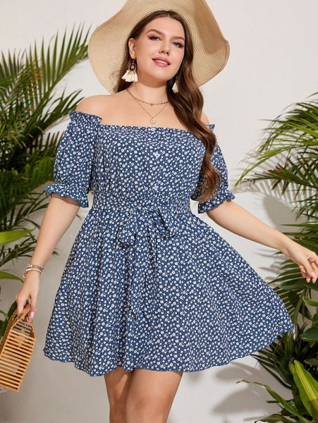

plus ditsy floral off shoulder puff sleeve fake button belted dress z9ac#, Black