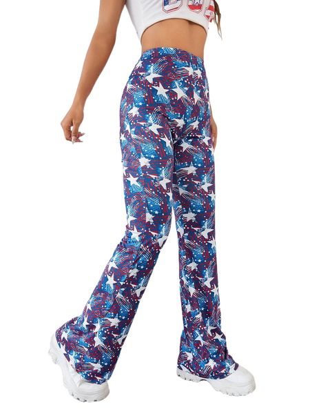 

high waist americana print flare leg pants v0d1#, Black;white