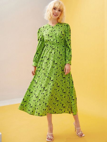 

x elenapugger cartoon & floral graphic puff sleeve dress z5rt#, Black;gray