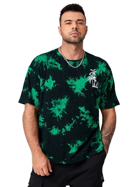 

extended sizes men coconut tree print tie dye tee t9we#, White;black