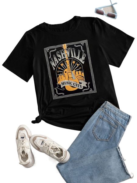 

plus letter & guitar print tee i0lw#, Black
