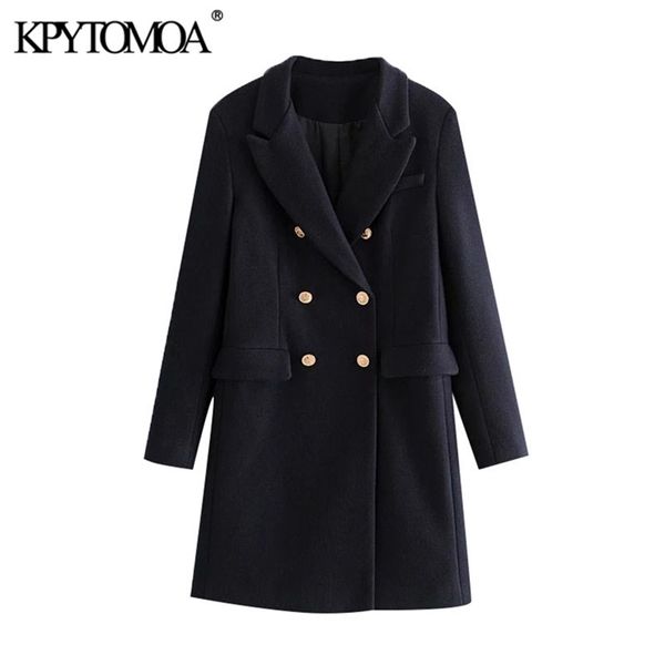 

kpytomoa women fashion double breasted woolen coat vintage long sleeve pockets female outerwear chic overcoat 201222, Black
