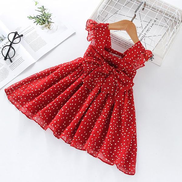 

summer girls dress fashion style sleeveless chiffon polka dot party princess children kids toddler girl clothing, Red;yellow