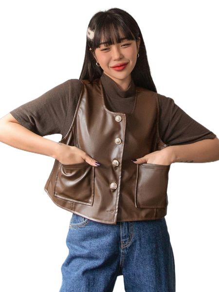

dazy dual pocket pu vest jacket 10ou#, Black;brown