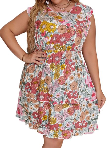 

plus allover floral print butterfly sleeve layered hem dress g3c4#, Black