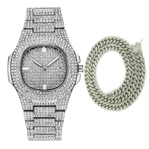 

fashion men watches 2020 diamond watch waterproof quartz casual male clock hip hop iced out 18k gold necklace jewelry274k, Slivery;brown