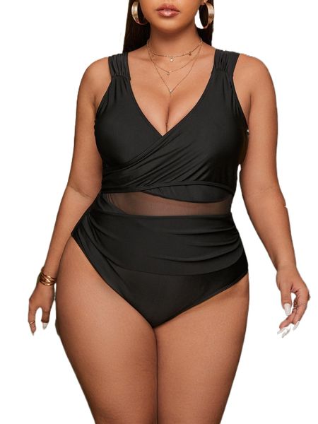 

plus contrast mesh twist one piece swimsuit g7xn#, White;black