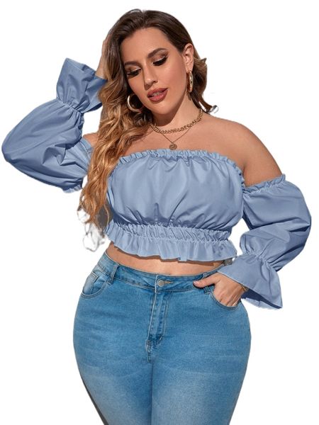 

plus off shoulder flounce sleeve frilled blouse q7r5#, Black