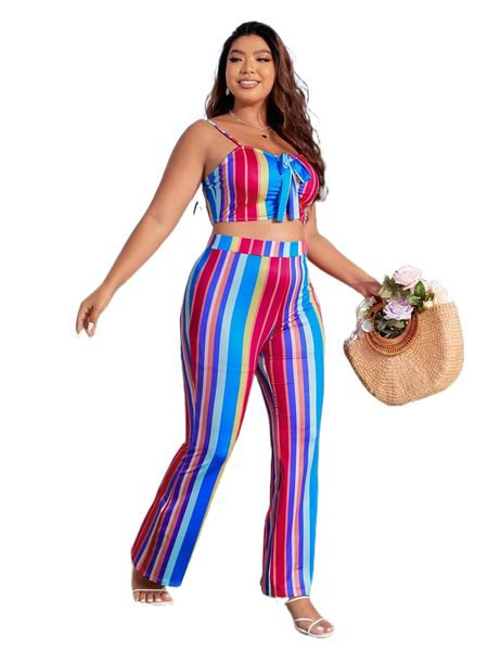 

plus block striped knot front cami & bootcut leg pants z5fb#, Black
