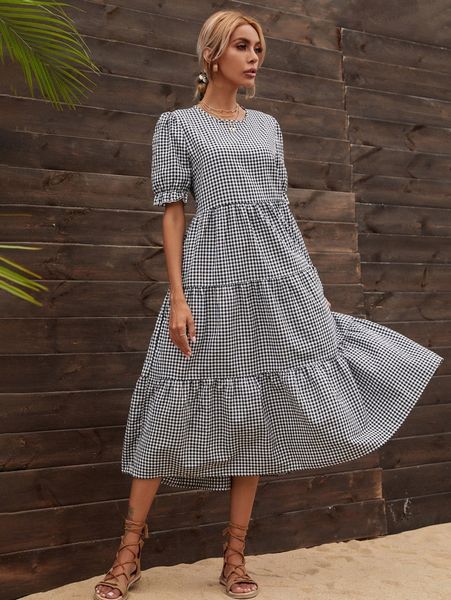 

gingham smock dress without belt 65no#, Black;gray
