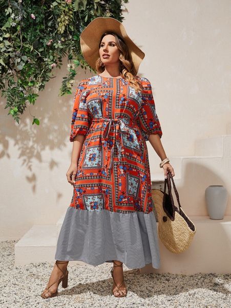 

plus patchwork ruffle hem belted dress c0pk#, Black