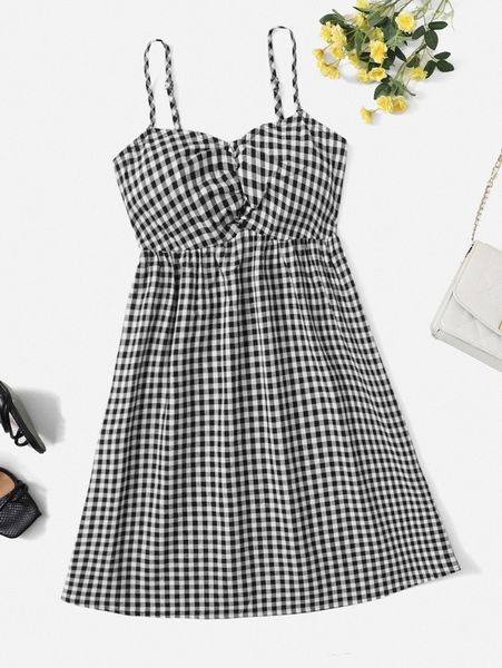 

gingham print ruched cami dress h48m#, Black;gray