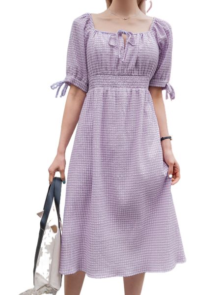 

dazy gingham print knot side shirred dress y74u#, Black;gray