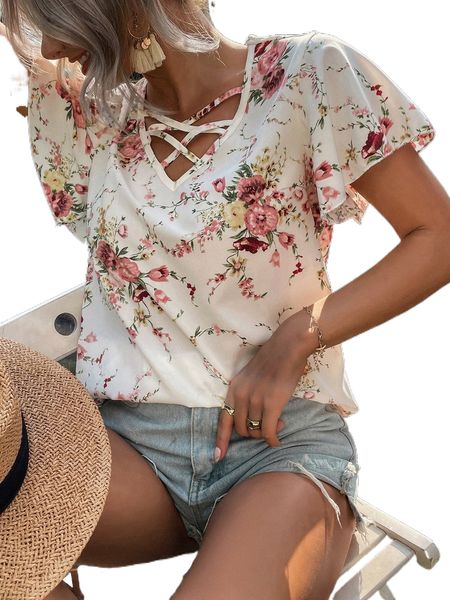 

f.loral print crisscross front flutter s.leeve b.louse c2jr#, White