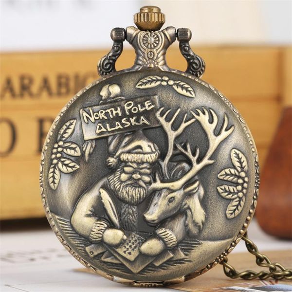 Pocket Watches Bronze Christmas Theme Quartz Watch Santa Claus Elk exibir presentes de relógio pingente retrô para homens mulheres colar ChainPocket