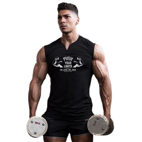 

men vneck sports tank cotton summer muscle vest gym clothing bodybuilding sleeveless shirt workout fitness singlets 220621, White;black
