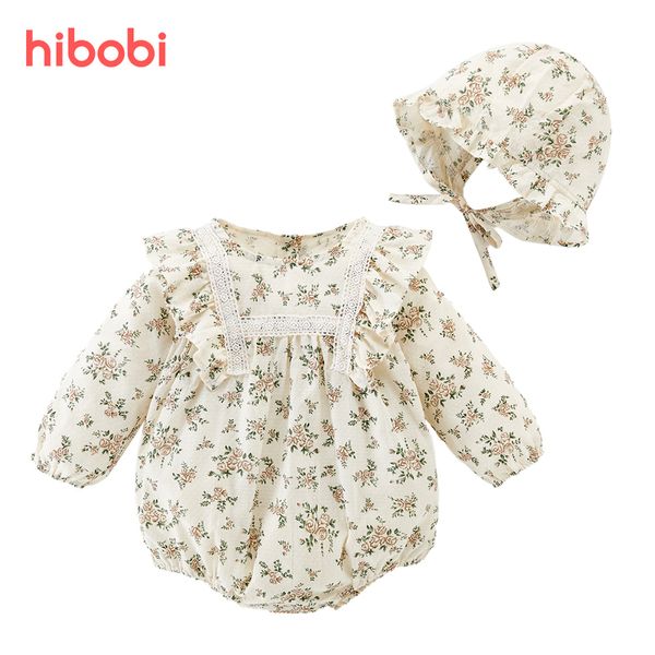 Hibobi 2 PCs Baby Lace Ruffle Romper fofo com hats conjuntos de chapéus infantil Vintage Macacão floral criança menina CLOHTES 220525