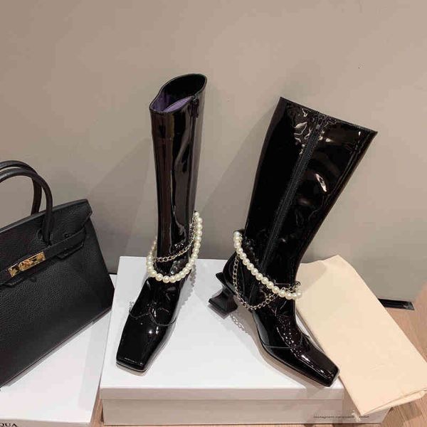 

leather boots women's varnished boots winter shoes square head strange style with decorative rope and beads series, Black