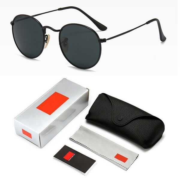 

3447 retro round sunglasses glass lens ray sun glasses men women luxury designer brand feminine oculos de sol uv400 ban, White;black