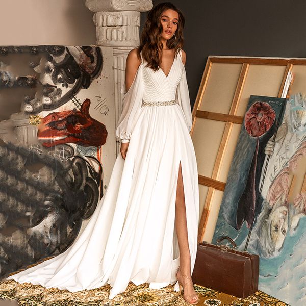 

cold shoulder wedding dress chiffon bead high split 2022 puff sleeve bridal gowns floor length custom made made robe mariage, White