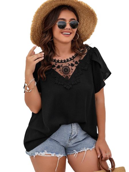 

plus contrast lace petal sleeve blouse k35x#, Black