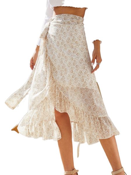 

floral print wrap knot ruffle hem skirt t5nw#, Black